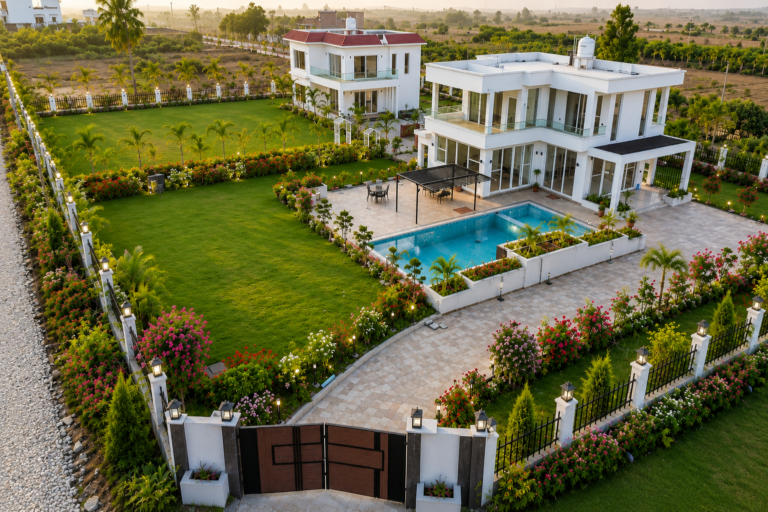 Aerial drone view of 15000 sq.ft standard farm plot - The Villagio Farmhouse Lucknow